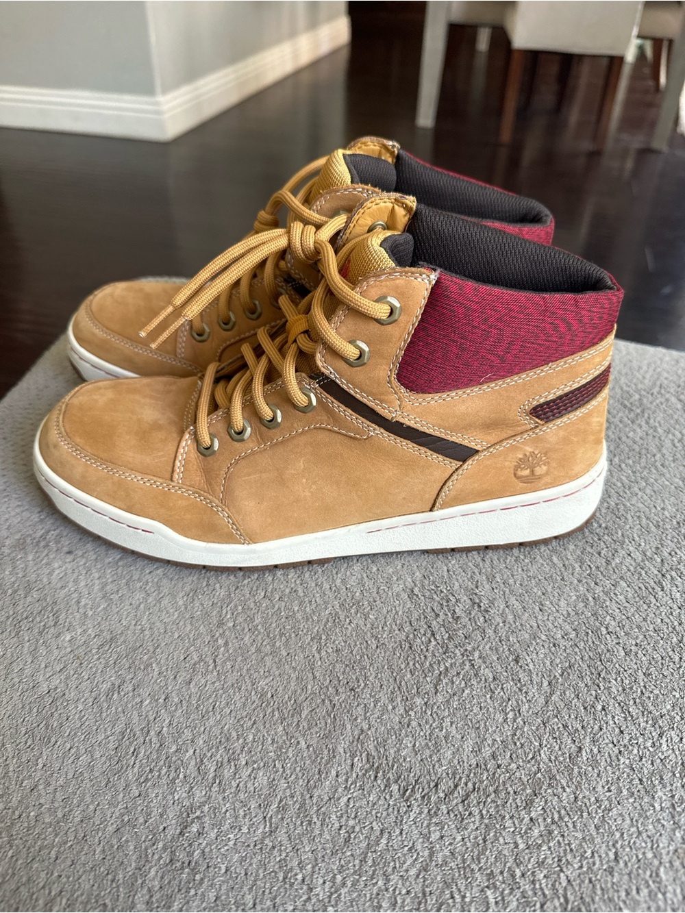 Timberland Kids Wheat Suede High-Top Sneakers with Burgundy Collar